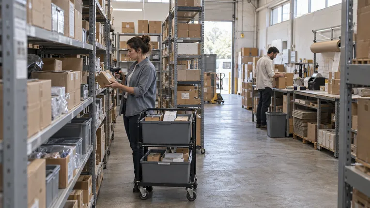Eine Mitarbeiterin im Kundenservice arbeitet neben einem Packtisch mit Versandkartons.