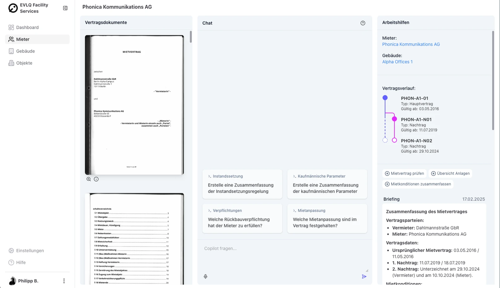 Anwendung Screenshot: KI Funktionen und Dokumenten-Chat